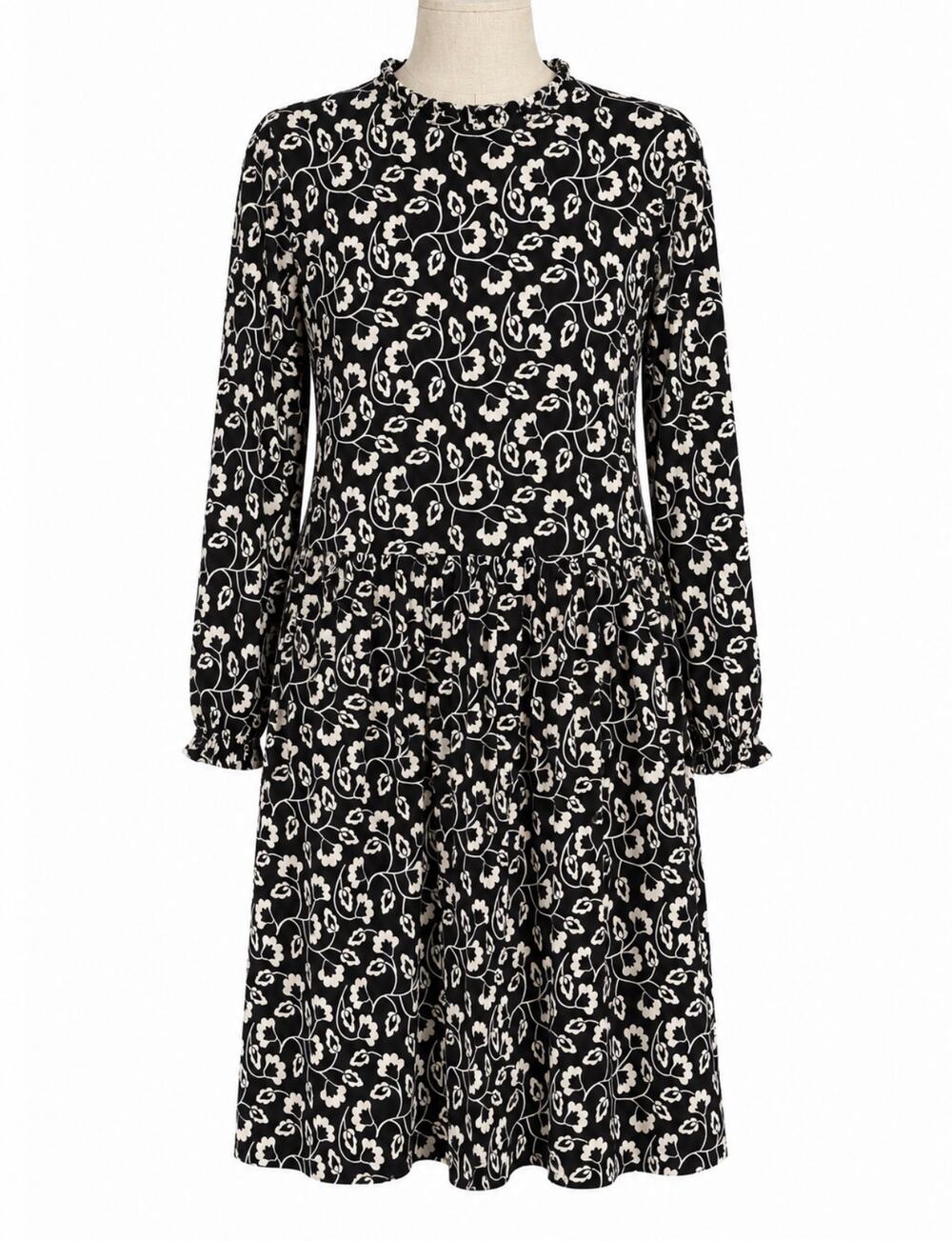 Boden Clara Floral Jersey Black White Ruffle Neck Dress Women's 14L Black White